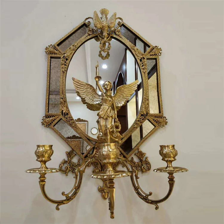 Italian Antique Bronze Goddess hanging mirror and candlestick Baroque Ornaments