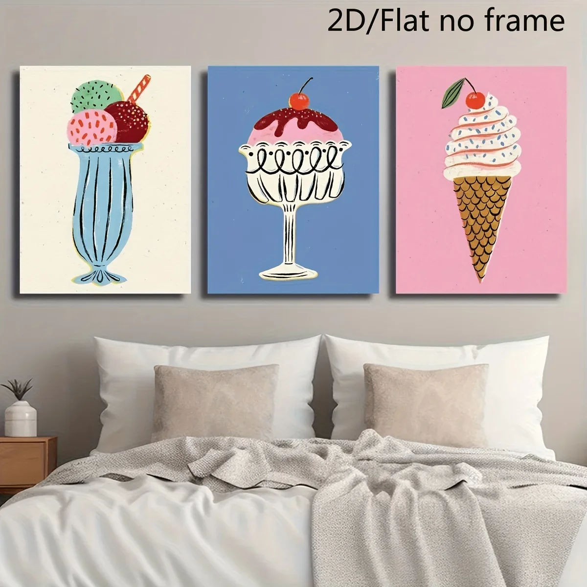 (No frame)2D Flat, 3pcs Canvas Art Print, Ice Cream Dessert Decoration, Cherries and Sprinkles, Blue, Pink, and Beige Backgro