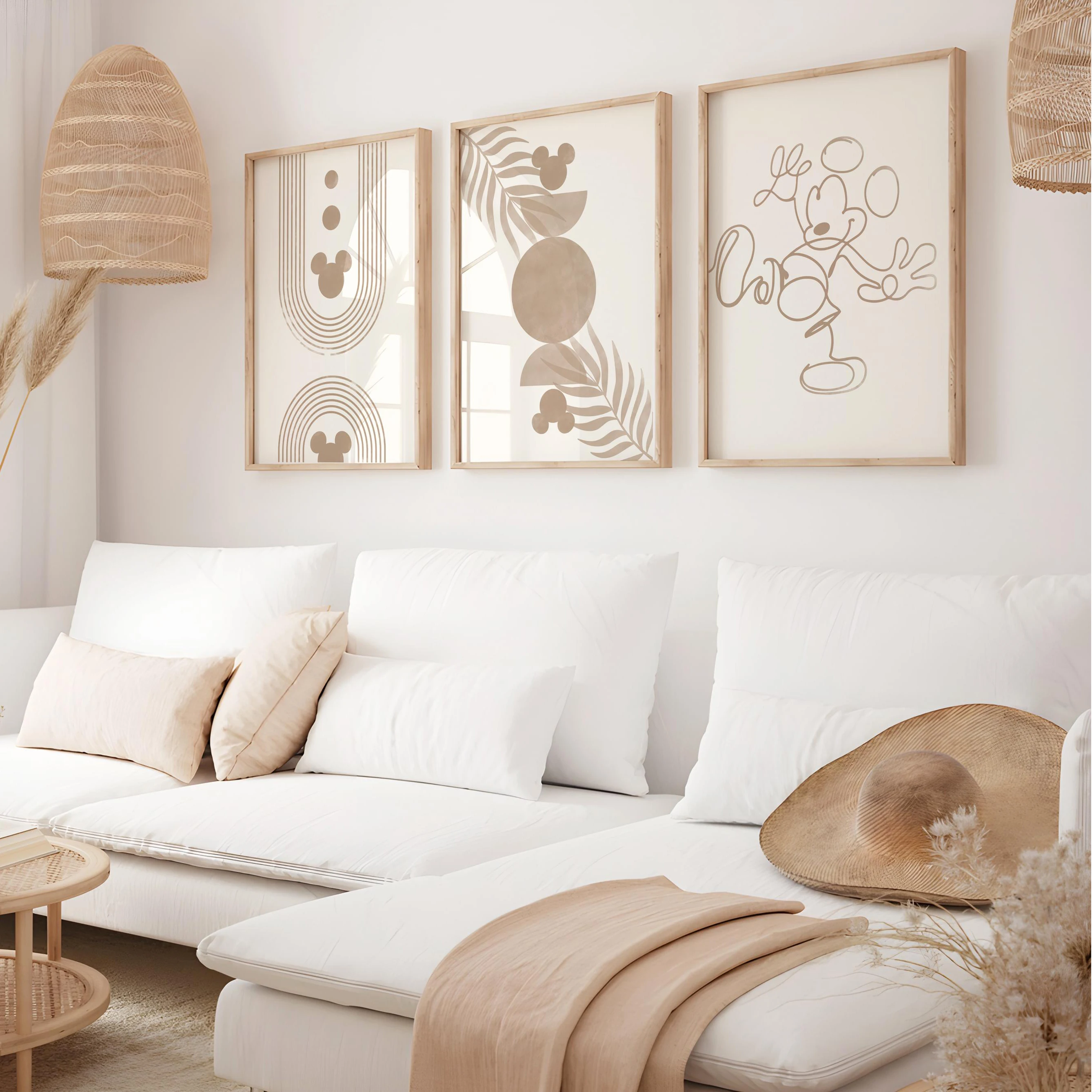 

MINISO Disney wall art canvas poster Mickey art three piece set minimalist wall art Mickey bohemian nursery wall art Mickey