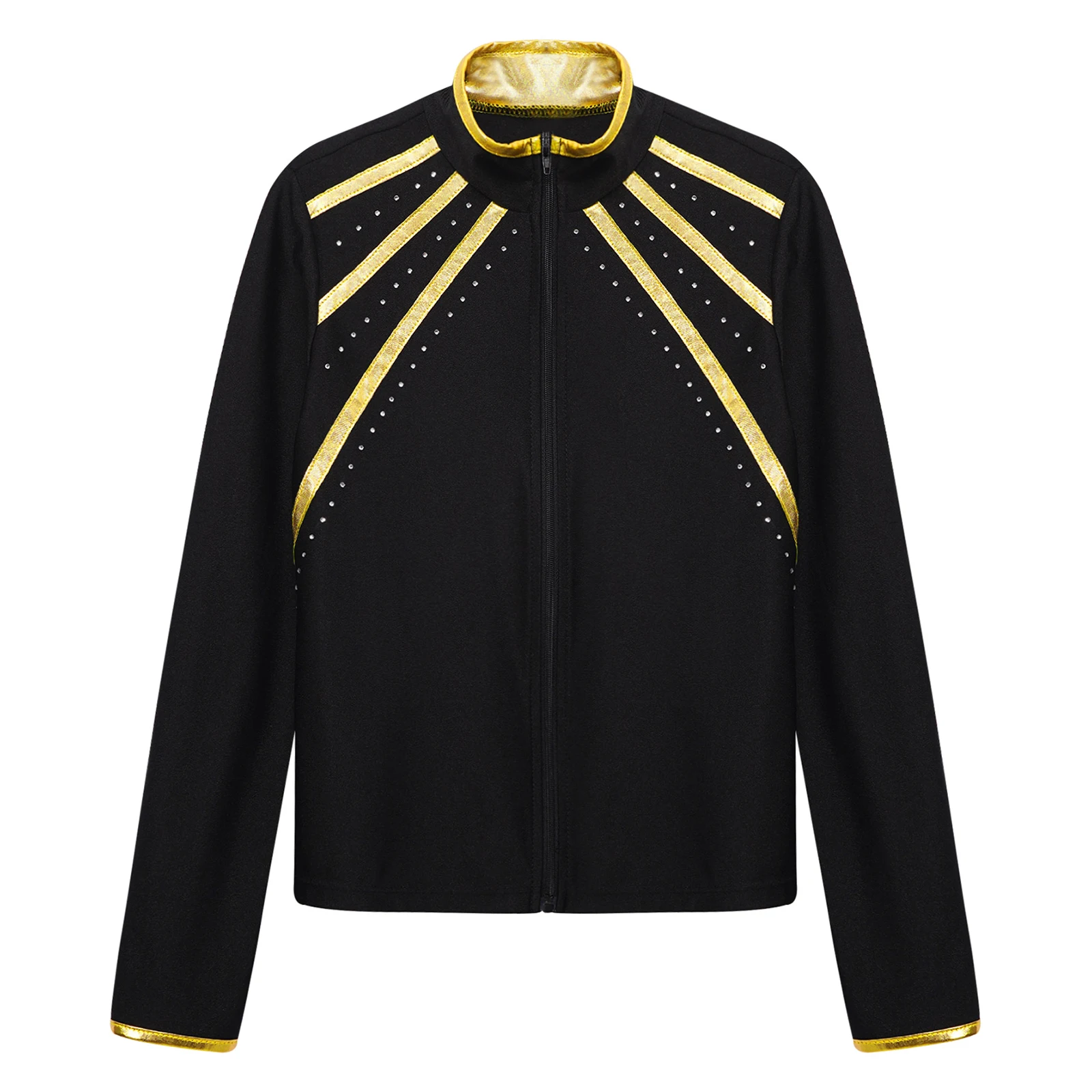 Kids Girls Figure Skating Gymnastics Workout Costume Shiny Metallic Striped Jacket Stand Collar Long Sleeve Zipper Sweatshirt