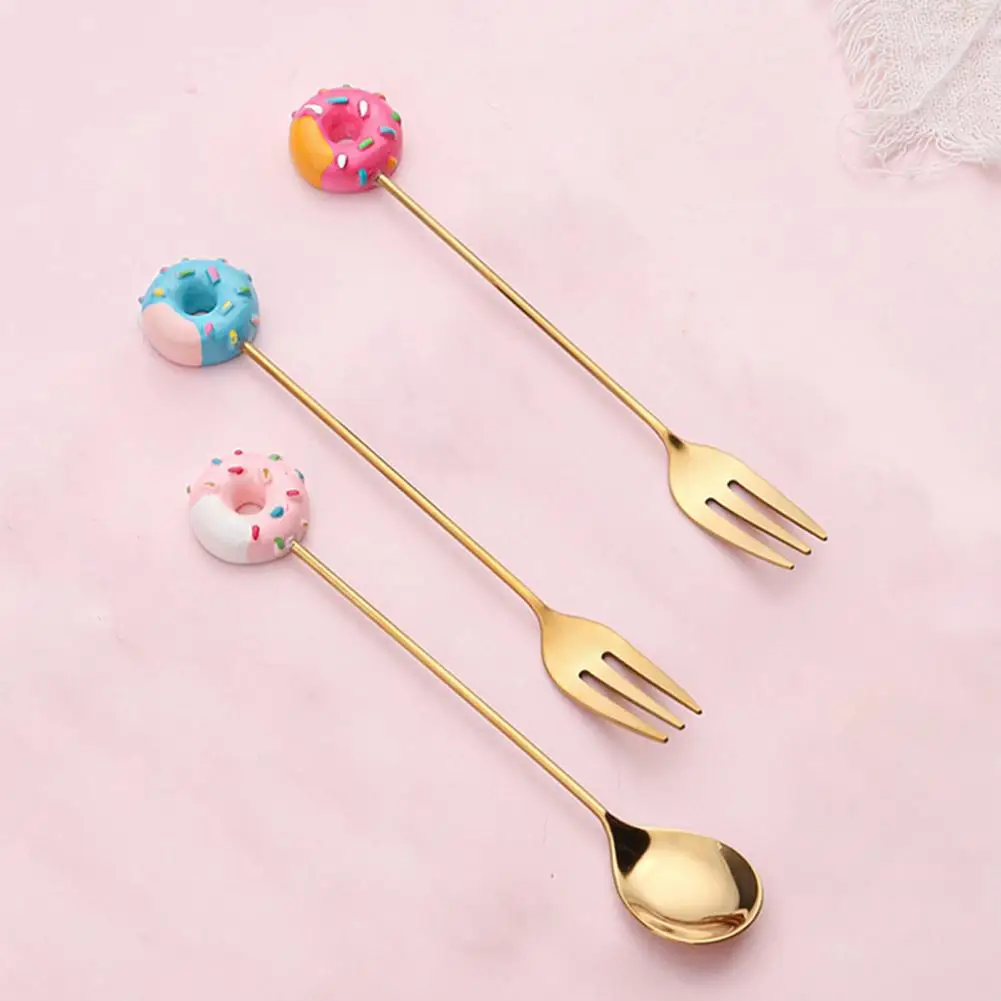 Cute Stainless Steel Cartoon Design Kid Spoon Donut Coffee Fork Dessert Tool  forks and spoon set  bento picks