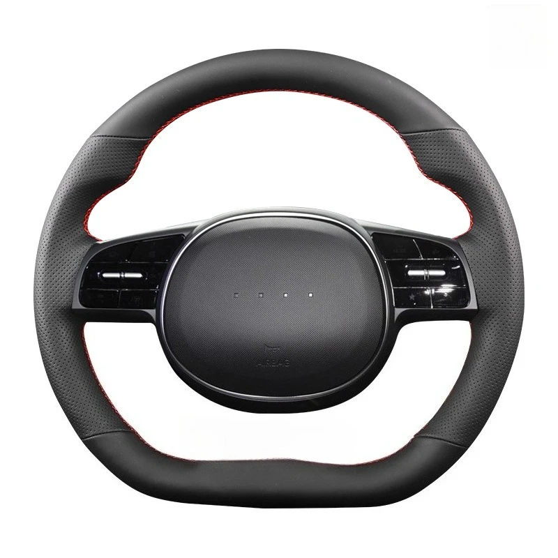 

Для Hyundai ioniq 5 ioniq 6 2016-2022 ручная прошивка черная натуральная кожа красная линия нескользящий чехол на руль автомобиля
