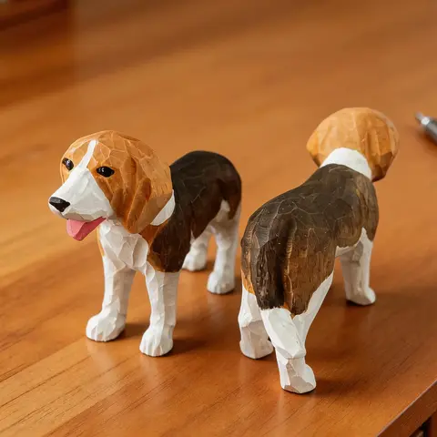 Hand Carved Wooden Beagle Figurine Cute Dog Statue Kawaii Pet Sculpture Home Desk Shelf Decor Ornament Gift for Dog Lovers