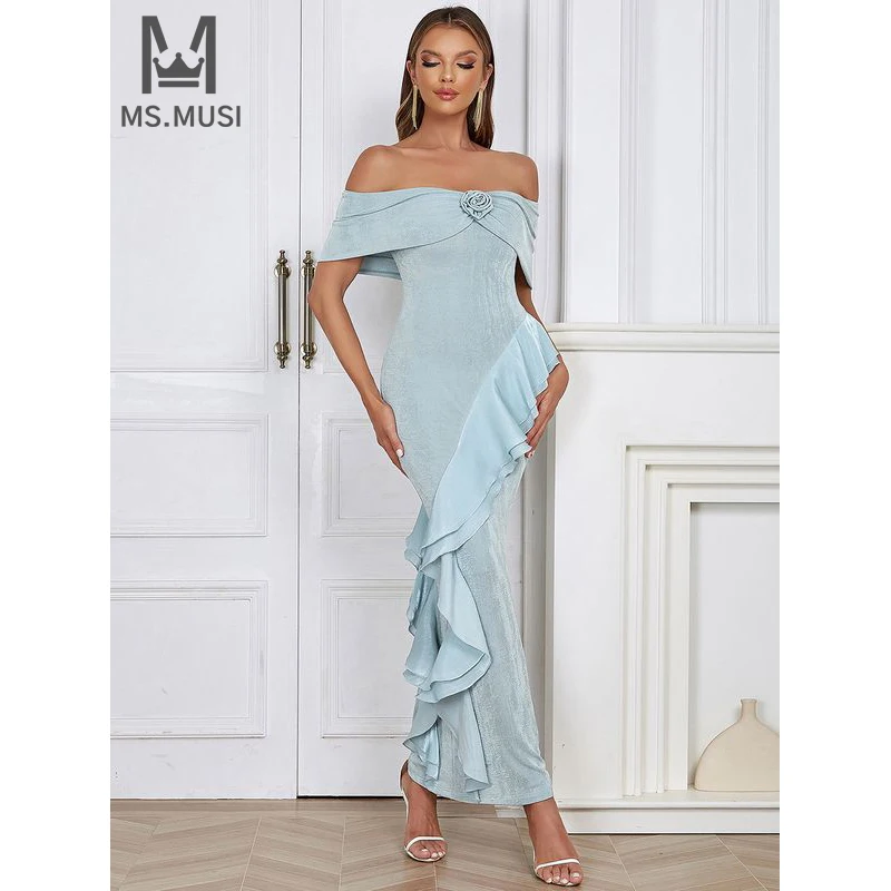 

MSMUSI 2024 New Fashion Women Sexy Off The Shoulder Floral Ruffles Draped Fold Sleeveless Bodycon Party Club Event Maxi Dress