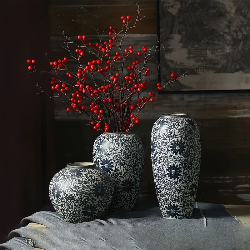 

Сине-белая фарфоровая ваза в винтажном стиле, с традиционным узором, цилиндрическая ваза для декора стола в гостиной и прихожей