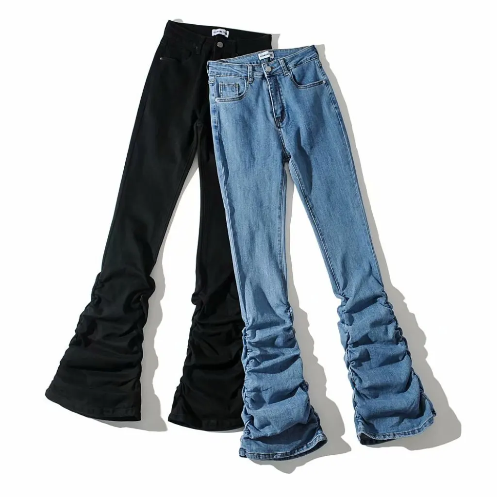 

European And American Women's Pleated Slimming Floor-Length Pants Denim Jeans Straight Cut for Autumn Winter Fashion