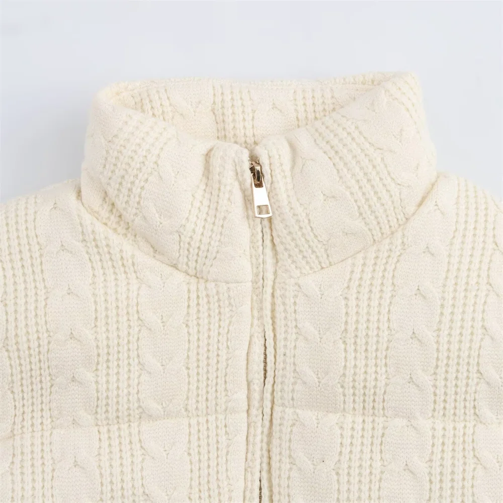 المرأة الوقوف طوق محبوك سترة قطن تانك الأعلى سستة جيب الديكور الخريف/الشتاء ملابس نسائية جديدة #3