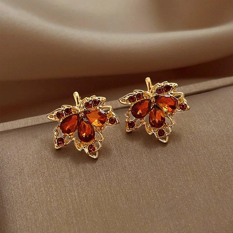 Korean Red Gem Maple Leaves Stud Earrings for Women Unique Delicate Zircon Crystal Ear Jewelry Wholesale Christmas Gift