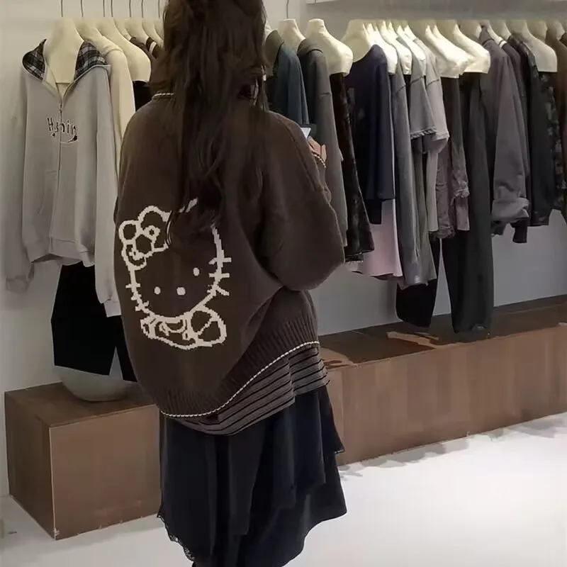 

Harajuku весна осень новый мультфильм HelloKitty жаккардовый свитер с воротником с лацканами ленивый свободный возрастной вязаное пальто женский кардиган