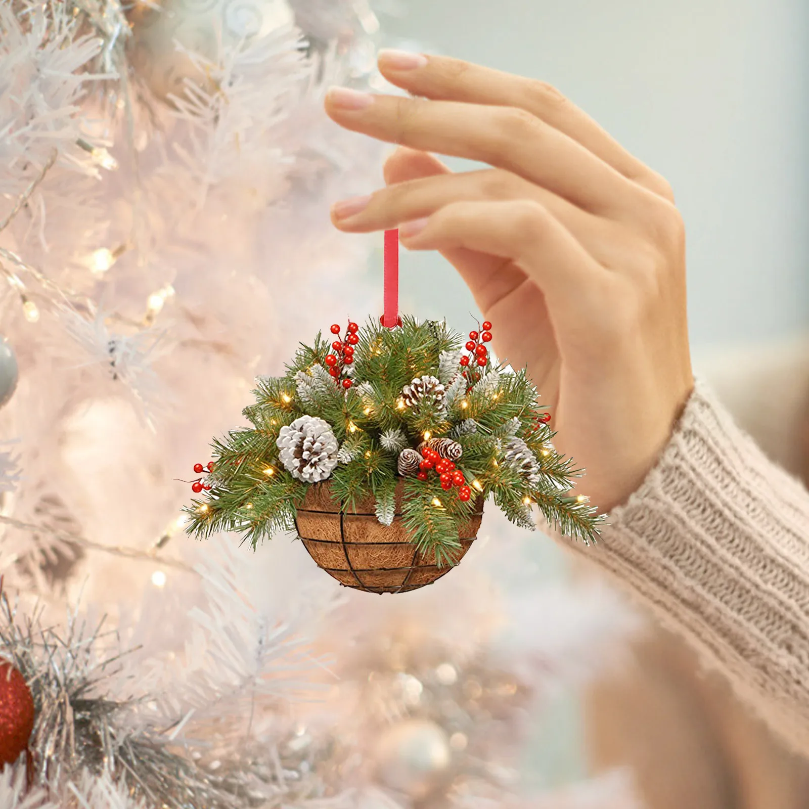 Artificial Hanging Flower Basket Christmas Pendant 2D Green Red Wreath Plant Xmas Tree Ornaments Merry Christmas Decoration Noel