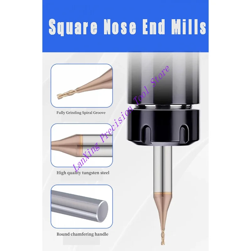 Micrograin Carbide Square End Mill - 2 Flutes Minor Diameter Milling Copper Aluminum Stainless Steel Engraving