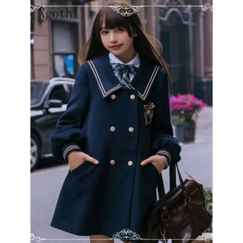 Xgoth Double-breasted Navy Blue Coat ฤดูใบไม้ผลิฤดูใบไม้ร่วงผู้หญิงใหม่ปี Tweed Coat ญี่ปุ่น Preppy Jk Original เสื้อขนสัตว์