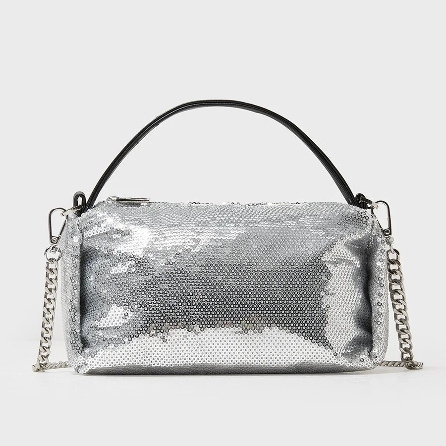 

Silver Shinny Sequins Women Handbags Designer Chains Square Shoulder Crossbody Bags Luxury Evening Party Small Female Purse 2023