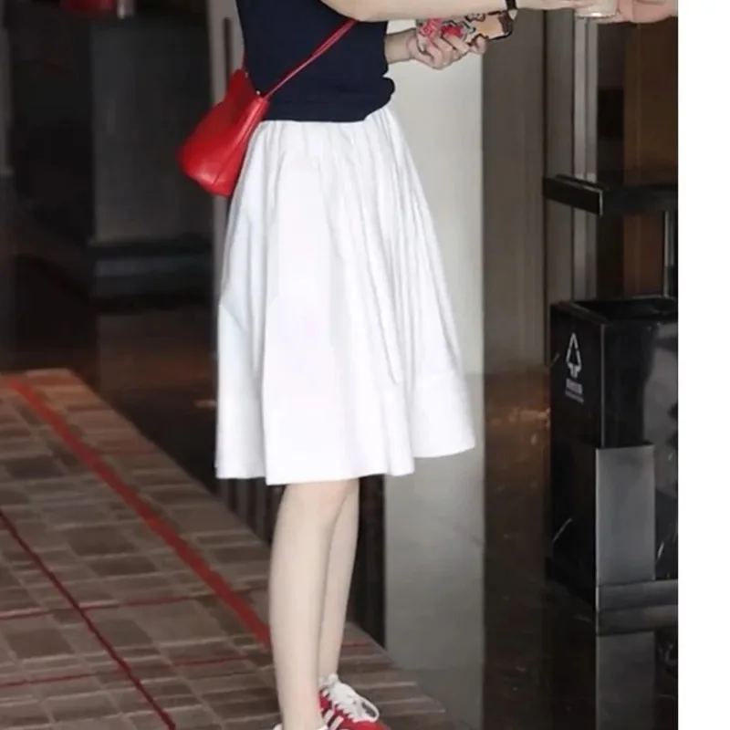 Women's Summer High Waist Bubble A-line Midi Skirt Casual White Pleated Skirt With Pockets