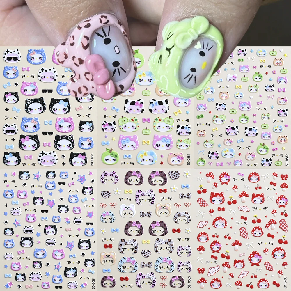 5D Cute Green Apple Hat Hello Kitty Nail Sticker Fruits Hooded KT Kitten Nail Decals Slider Cartoon DIY Crafts Manicure Decorati