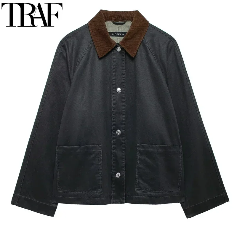 TRAF Womens Jacket Corduroy Jacket Women Autumn Demi-Season Casual Long Sleeve Solid Coats Winter Button Bomber Woman Jackets