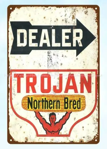 hanging metal artwork Trojan Dealer barn farm seed corn metal tin sign