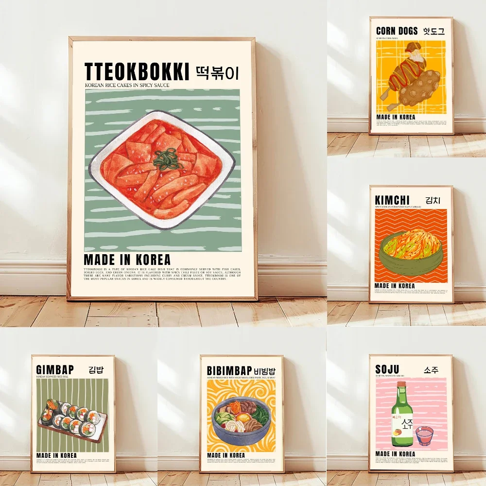 Póster de cocina Retro coreano de comida colorida Kimchi Soju Makgeolli, cuadros de pared, pintura en lienzo para decoración de cocina y comedor