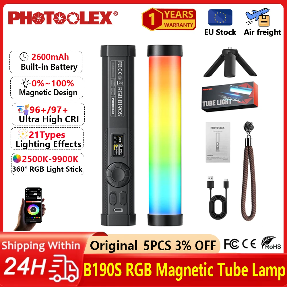 PHOTOOLEX RGB Video Light Handheld Magnetic Tube Light Design  2500K-9000K Photography Studio Lamp 12 Light Effects LED Tube