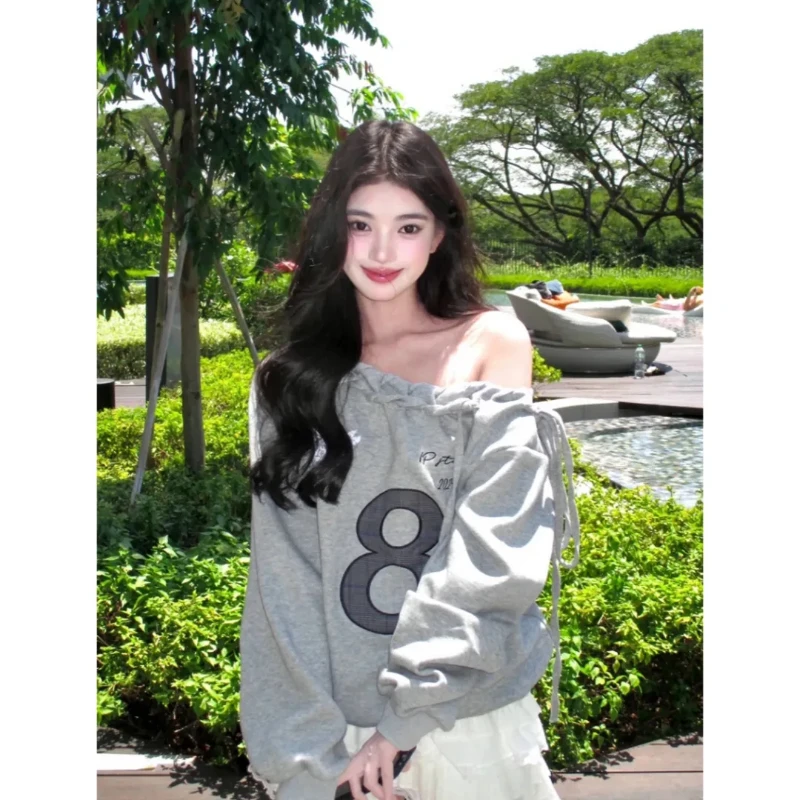 

Бандажный свитшот с открытыми плечами, женские свободные толстовки с буквенным принтом в американском стиле ретро, весенние милые повседневные топы с длинными рукавами