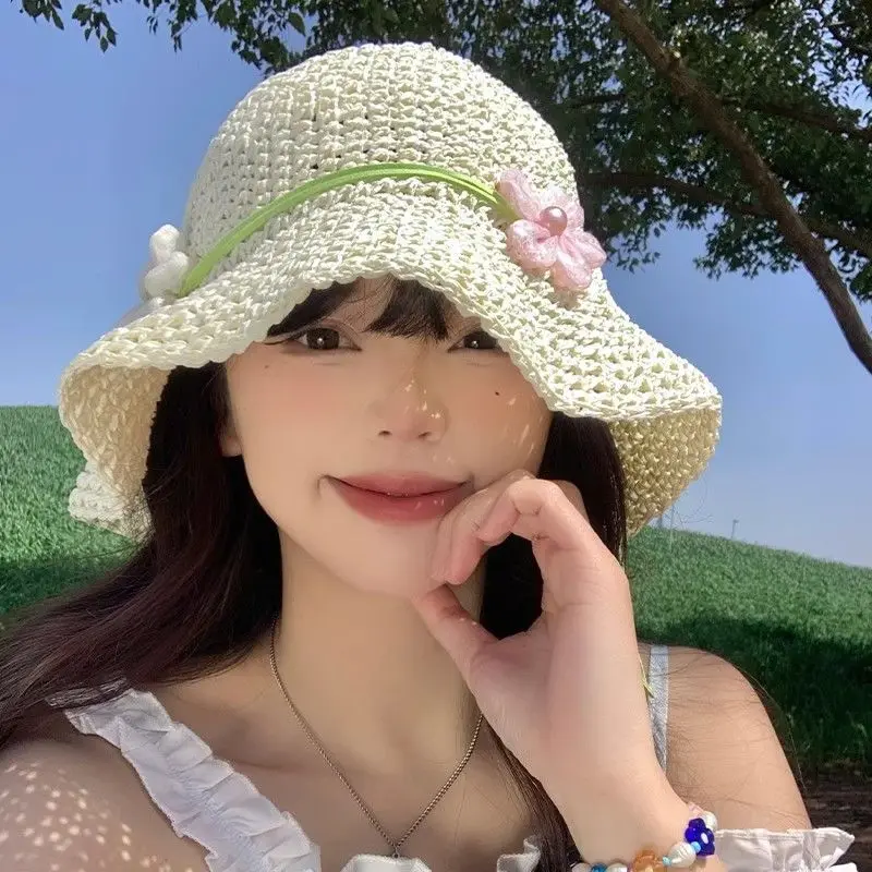 

French Flower Hollowed Out Straw Hat For Women Summer Seaside Vacation Sunshade Beach Hat Student Lady Small Fresh Straw Sun Hat