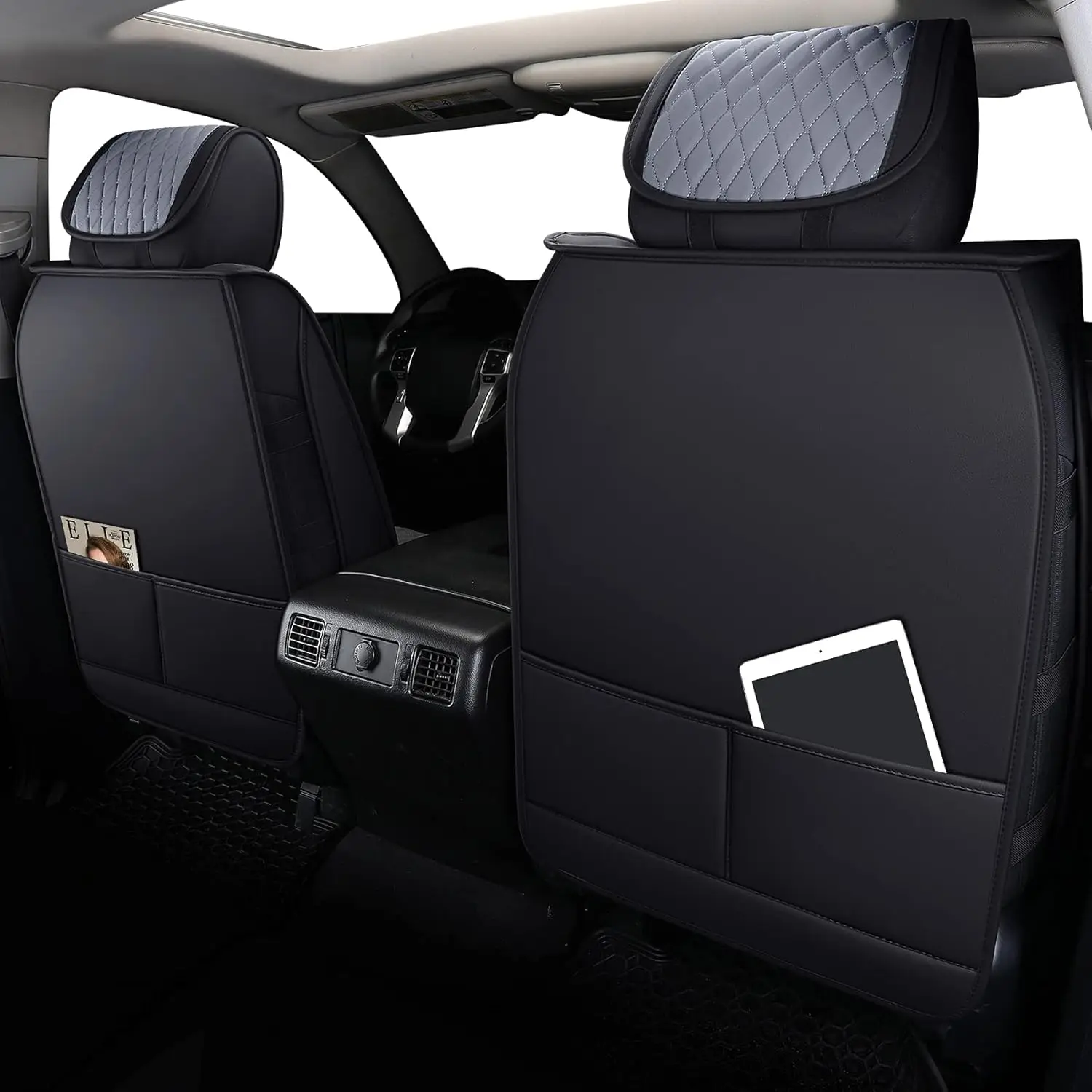 Toyota Tundra 2008 - 2026 Crewmax & Double Cab Seat Covers, Waterproof Leather, Black - Grey, Custom Fit for Split Bench