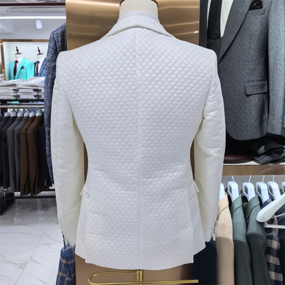 High Quality Checkered Men‘s 3 Pieces Suit Set, Fashion Blazer Vest Pants Set, Wedding Groom Best Man Tuxedo Prom Wear