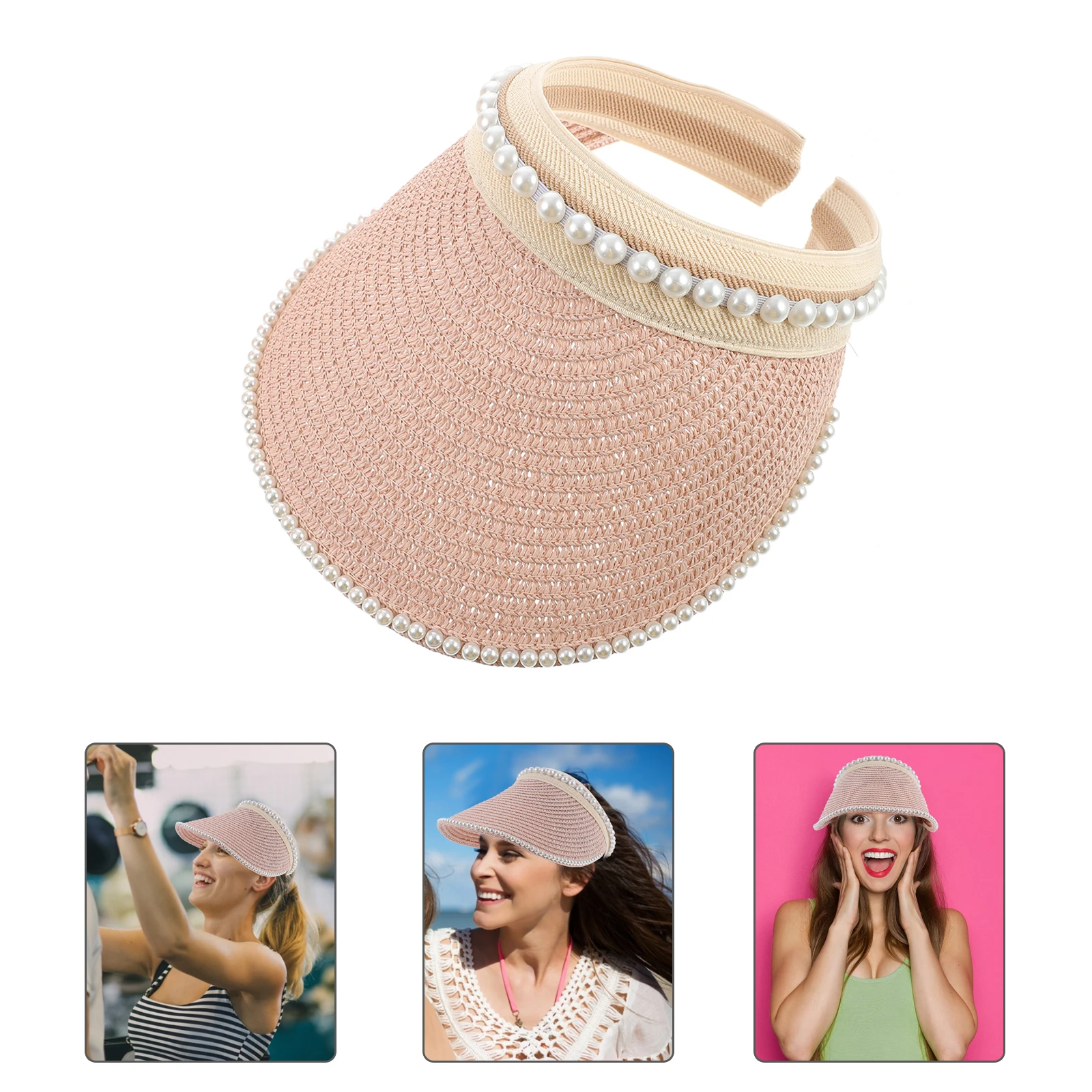 

Wide Brim Sun Hat for Women Hollow Top Straw Caps Pearl Ornaments Visor Ladies Fashionable Sun Visor Hat Breathing