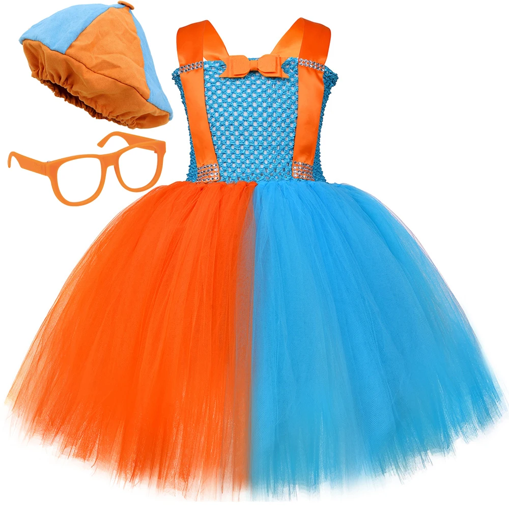 Baby Girls 'English Cartoons Dress Up Costumes, Roupa Tutu para crianças, Chapéu, Óculos, Suspensórios, Laranja, Skyblue, Conjunto de roupa