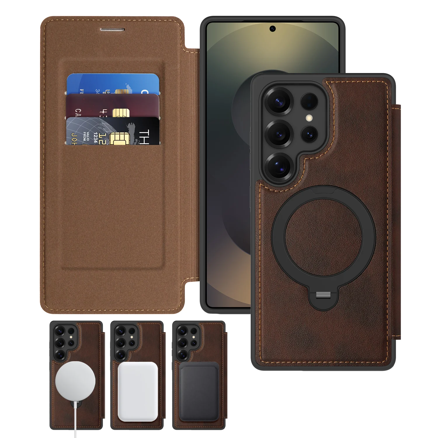 

For Samsung Galaxy S22 S23 Ultra S23 S24 Plus Advanced leather flip card slot wireless magnetic Rotating ring holder phone case