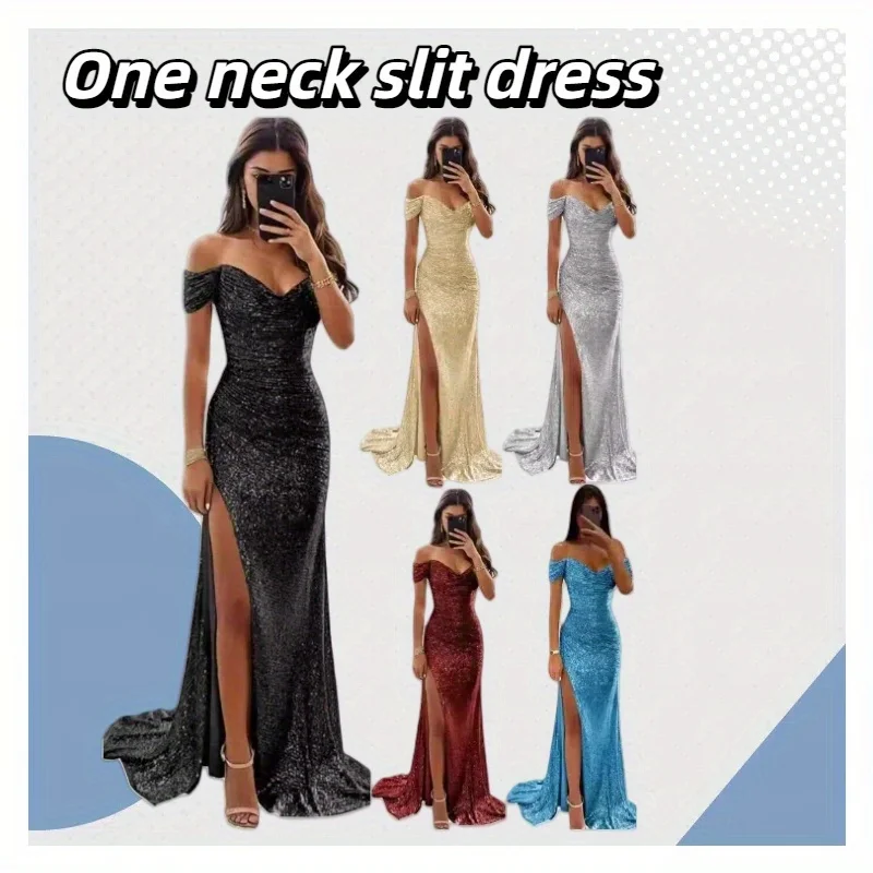 

2025 New Party Dress with One Shoulder High Waist and Spangles Casual Fashion Women's Clothing Accessories
