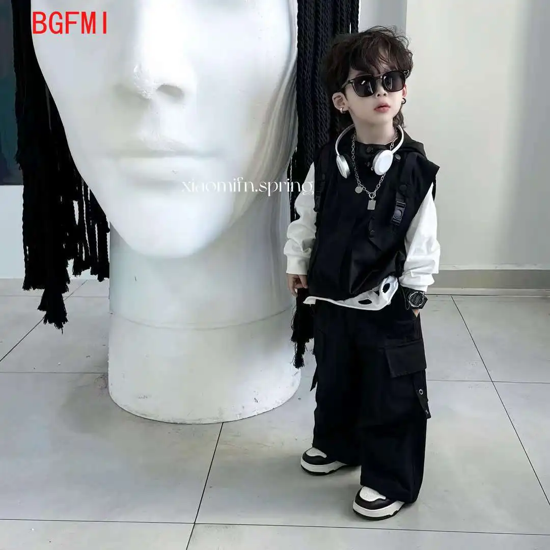 

Korean Kids Boy Spring Autumn 3-piece Set Children's Outerwear Ripped T-shirt+Hooded Vest+Loose Cargo Pants Handsome Casual Suit