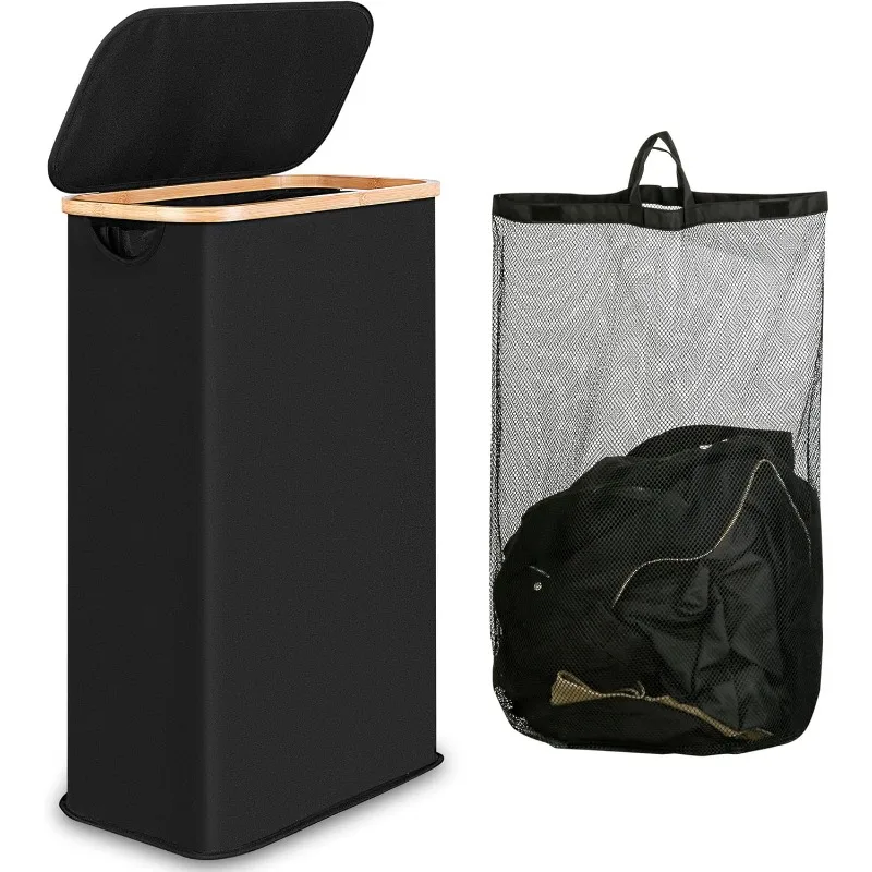 Slim Laundry Hamper, Narrow Laundry Basket with Lid,Foldable Clothes Hamper with Bamboo Handles