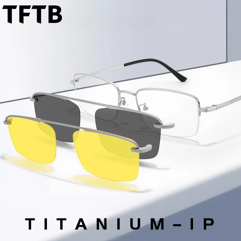 tftb-ビジネスメンズハーフフレーム偏光磁気クリップメガネ高品質純チタン抗-uv-ナイトビジョン眼鏡フレーム