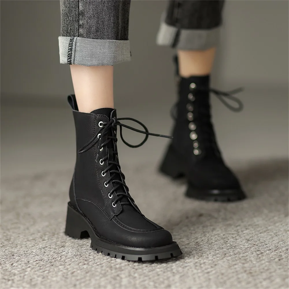 Taoffen Genuine Leather Women Chunky Motorcycle Boots 2023 Chic Thick Bottom Platform Olive-green Lace Up Boots With Zipper