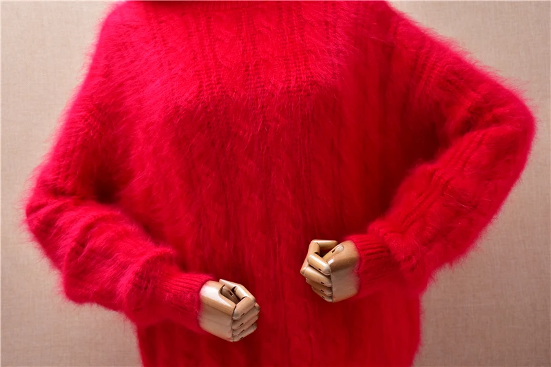 ملابس نسائية للخريف والشتاء موضة الجاكار الأحمر شعر الأنجورا أرنب الشعر محبوك س الرقبة طويلة الأكمام فضفاضة سترة البلوز #3