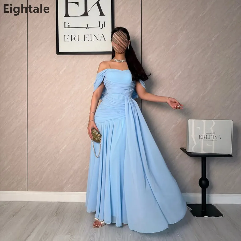 2026 Eightale Light Blue Evening Dress Ruched Chiffon Off Shoulder Floor Lwngth Dubai Formal Party Prom Gown Customized