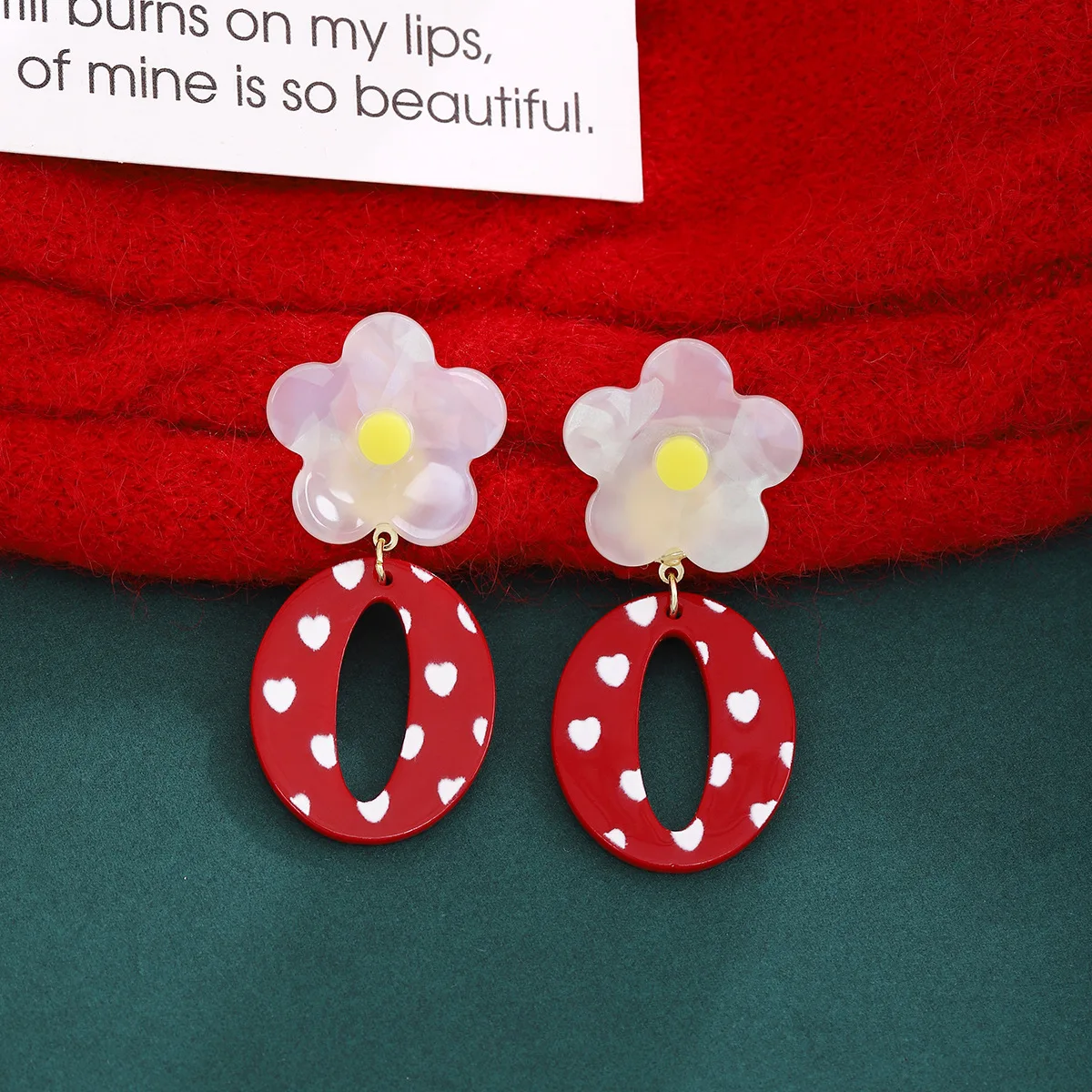 Cute Red Heart Polka Dot Earrings Round Hollow Acrylic Drop Earring for Women Versatile Retro Elegant Women's Winter Accessories