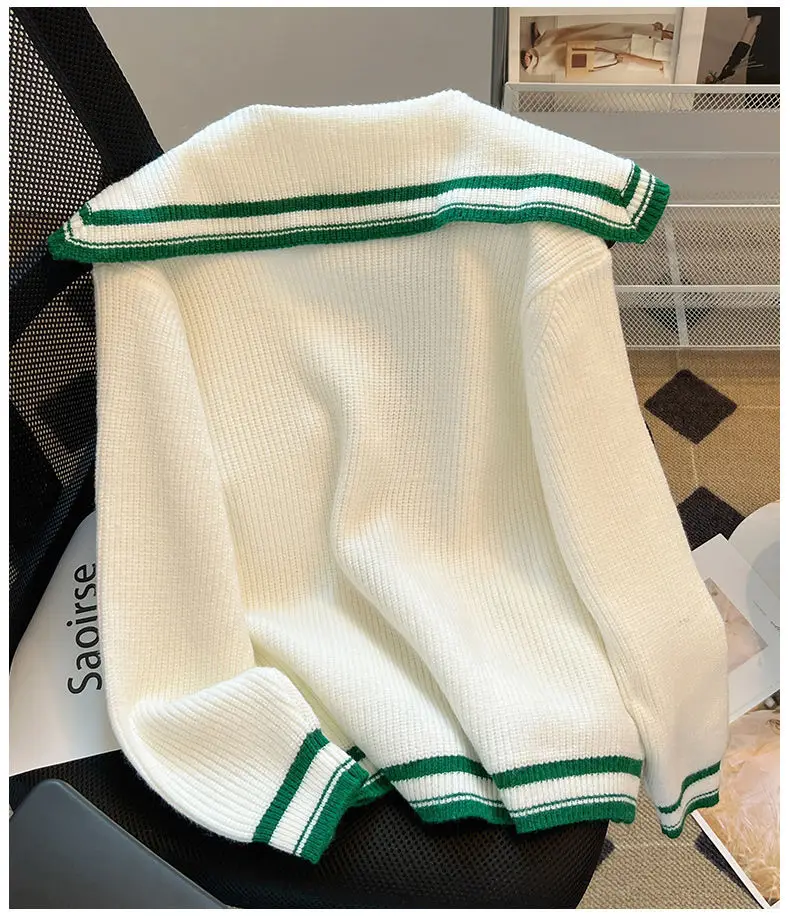 2023 Xiaoxiangfeng White Knitted Cardigan Autumn Retro Navy Style Flip Collar Short Sweater Women Clothing Long Sleeve Top