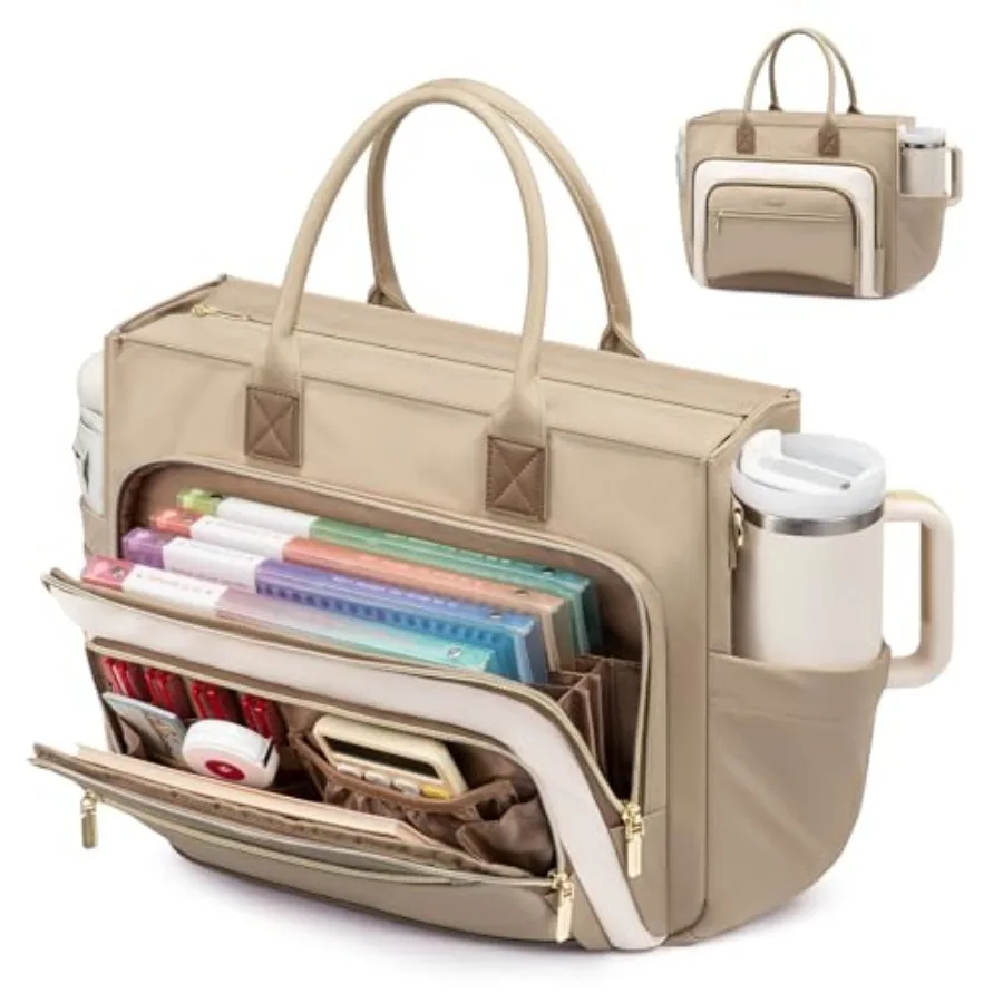 

Teacher Tote Bag for Women, Laptop bag with Large Cup Holder, Work bag with Accordion File Organizer Pocket, Multi-Pockets Prof