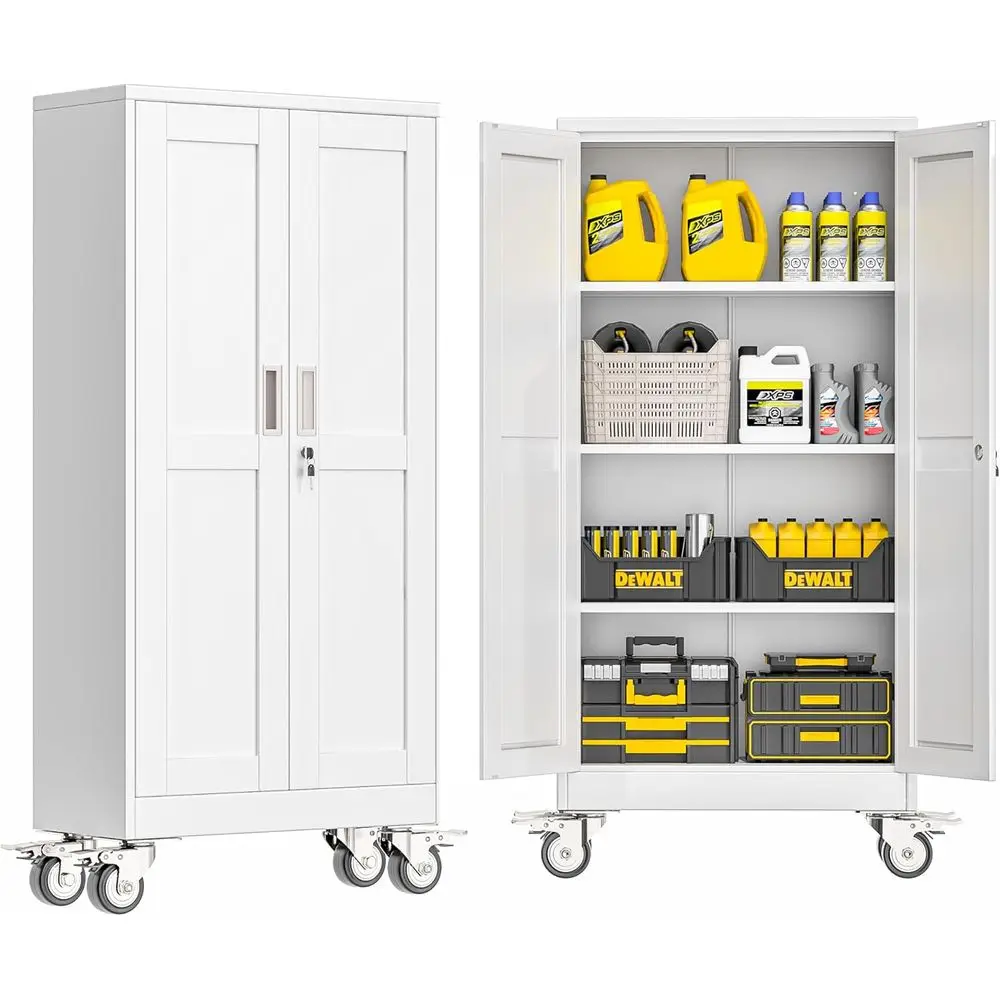 

61 Tall Steel Lockable Storage Cabinet with Wheels, 2-Door Metal Tool Cabinet, Adjustable Shelves for Home, Office, or Garage -