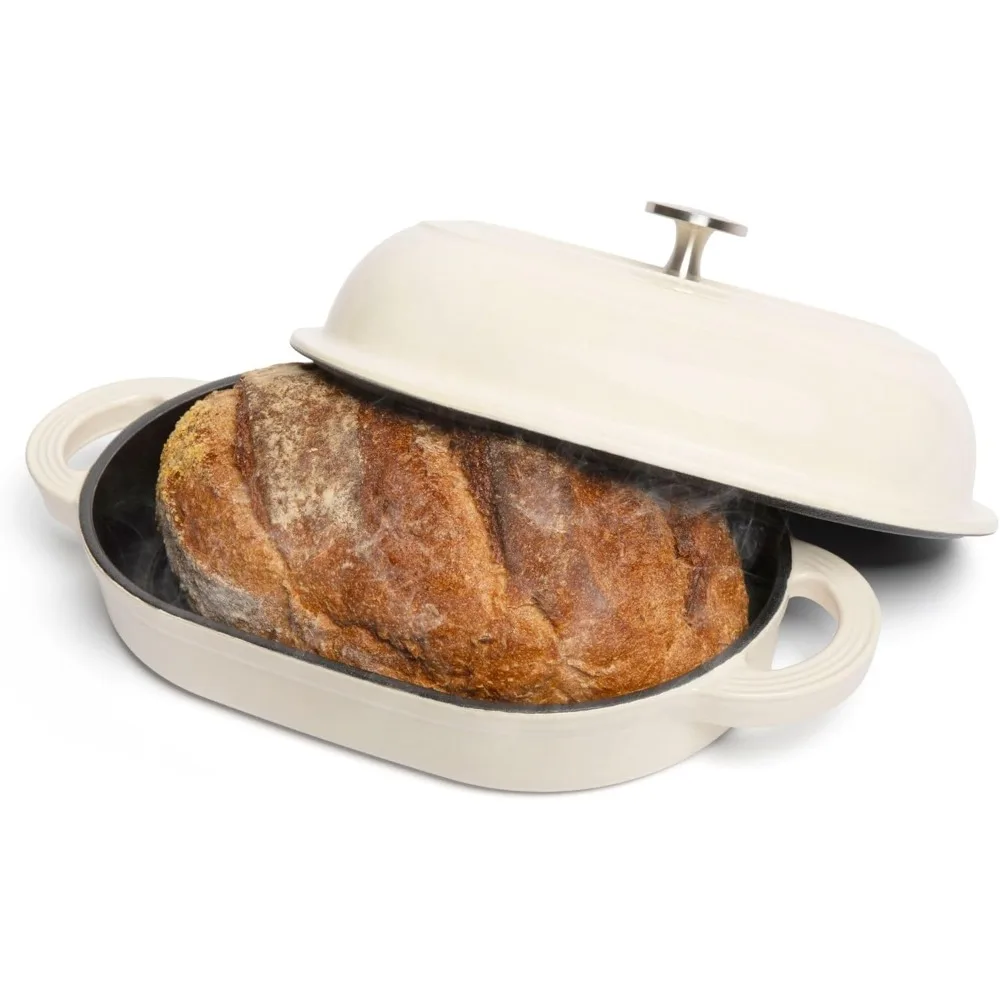 Cast Iron Oval Bread Oven 10 x 6.5 Inch Rustic Dutch Oven Bread Cloche with Steam Circulating Lid