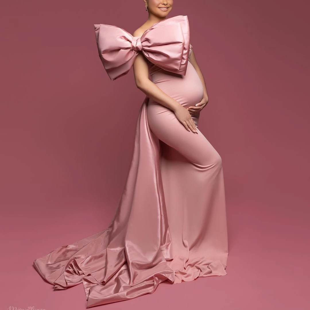 Pink Bow Wedding Maternity Dress for Photoshoot Plus Size Pregnancy Baby Shower Photography Gown for Wedding Guest Custom #18457