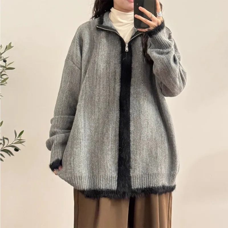 الأمريكية الرجعية المتخصصة سستة تصميم المتناقضة اللون سترة متماسكة سترة سترة الرجال والنساء الخريف أزياء العلامة التجارية الأعلى #3