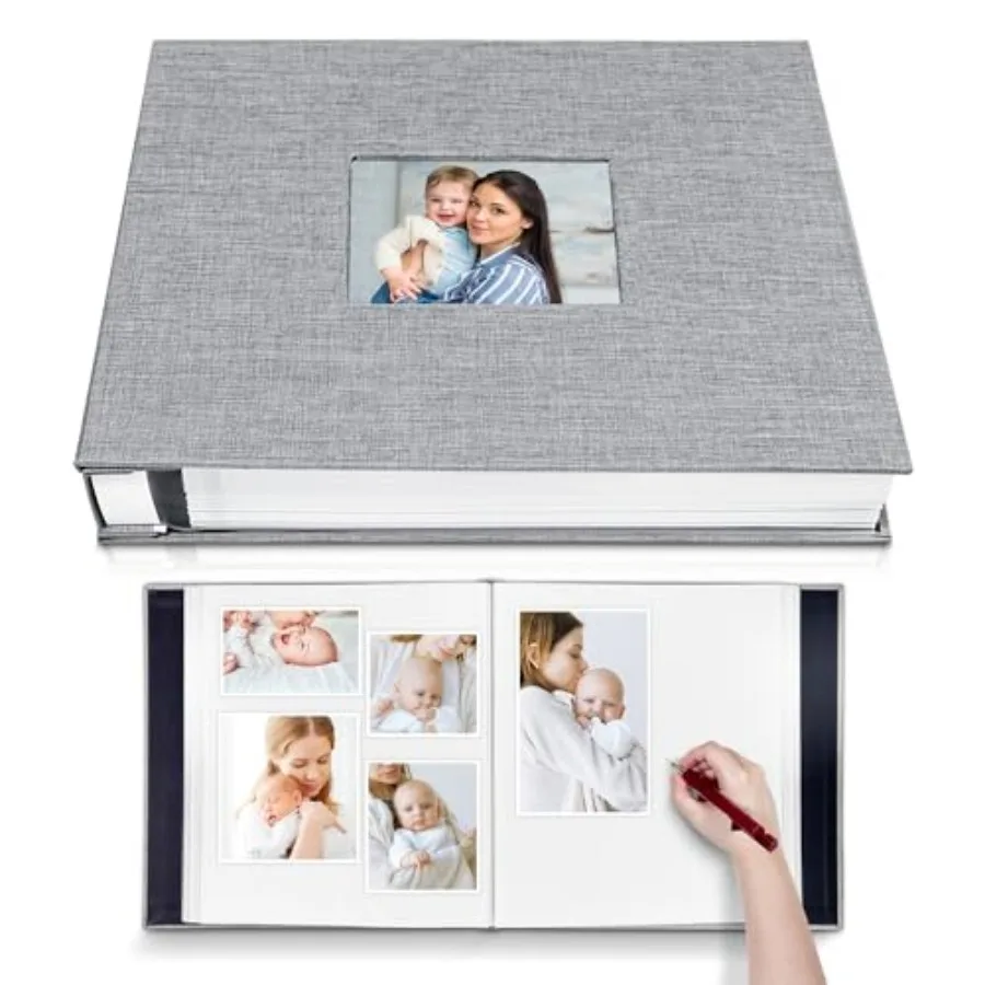 

Large Photo Album Self Adhesive with Picture Display Window, DIY Scrapbook Album for 4x6 8x10 Pictures, 40 Pages Linen Cover Me