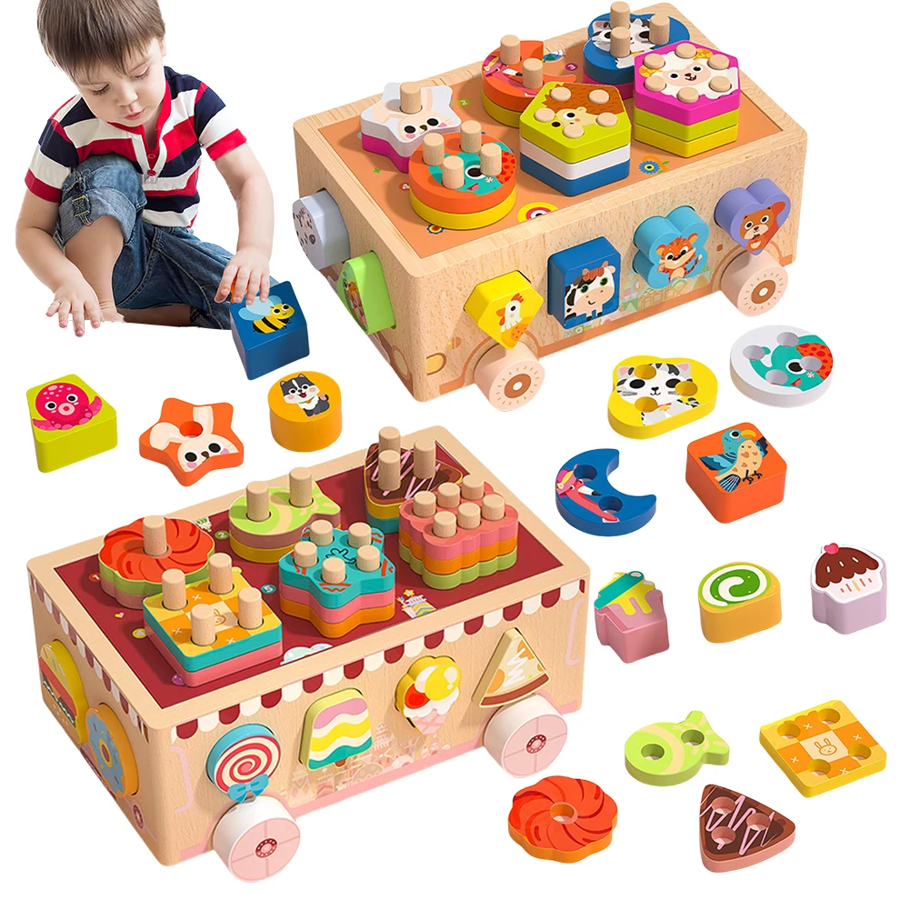 Wooden Shape Sorting Matching Car Sorting and Stacking Toys Geometric Shape Matching Game Gifts for Baby Boys and Girls