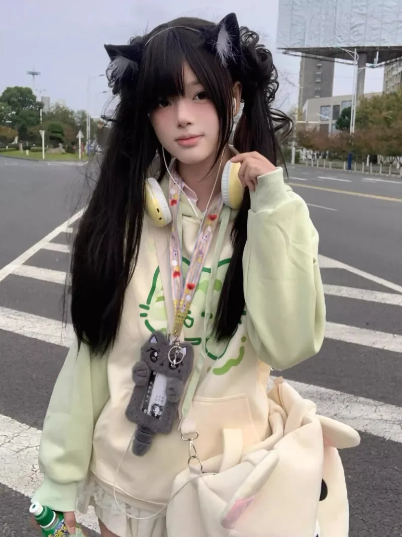 2025 New Japanese Original Spring and Autumn Butterfly Cat Print Long-sleeved Loose Top Hooded Sweater For Women