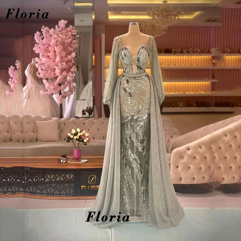 

Floria Dubai Design Long Sleeves Evening Dresses Middle East Green Beaded Celebrity Prom Dress Custom Made Party Robes De Soiree