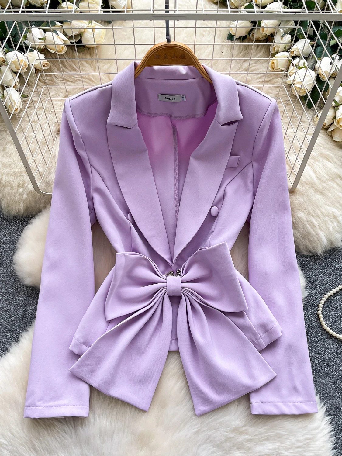 Faionable Nó Cintura-Anto Longo Sve Terno Jaet Feminino Outono Novo Sle Leve Ele Terno