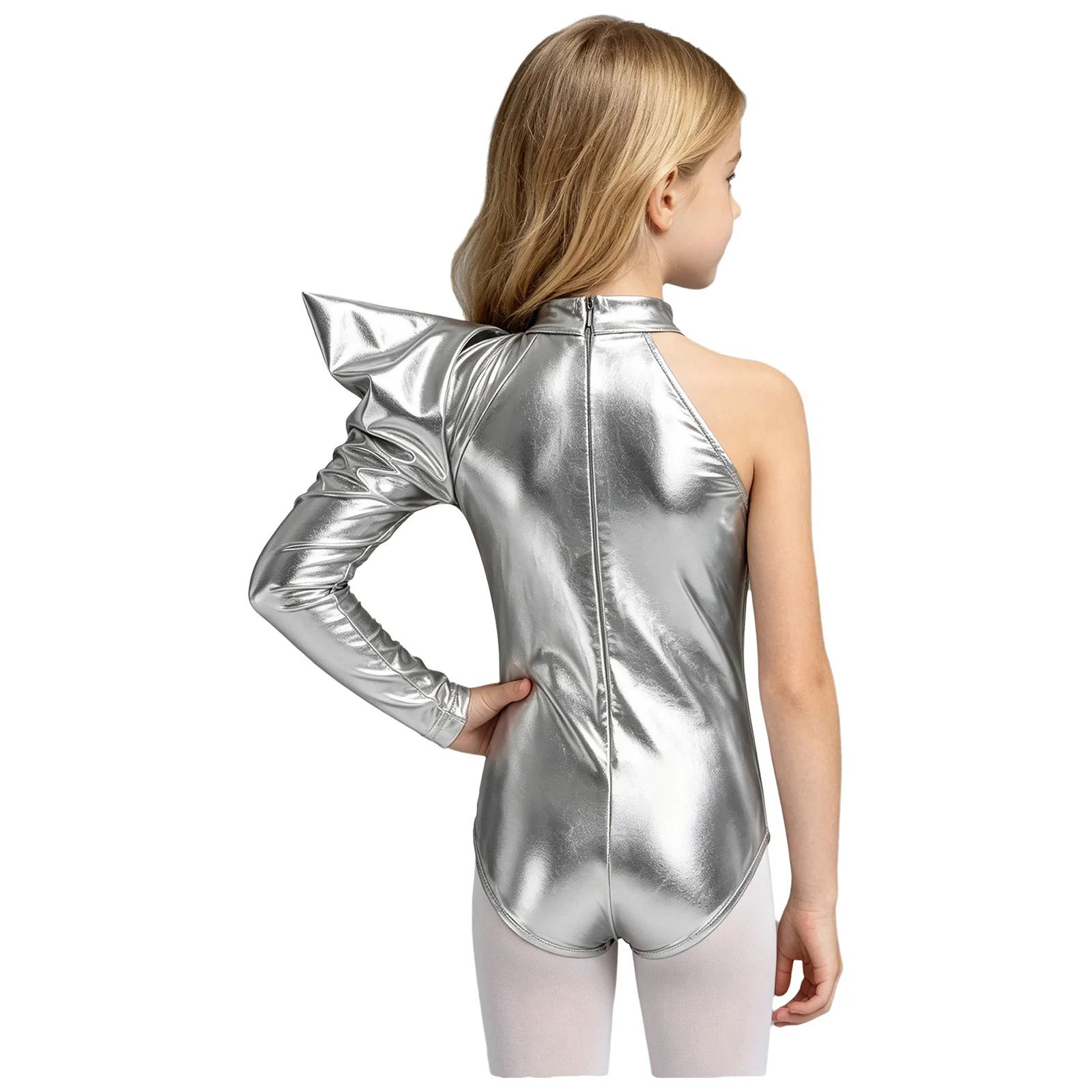 Kids Girls Shiny Metallic Ballet Leotards Dance Costume One‑Shoulder Puff Long Sleeve Stage Show Gymnastics Leotard Bodysuit